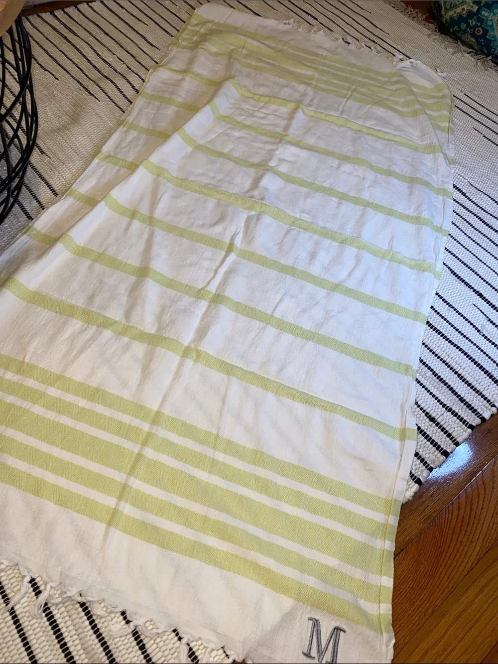 🏖️ 🍋‍🟩 Striped Cotton Beach Towel with Monogram M - White & Lime Green